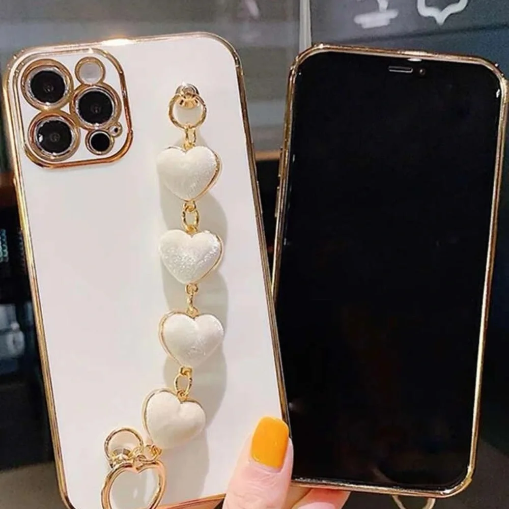 iPhone 15Pro 1pc Solid Color Plush Heart Shaped Bracelet & Phone Case